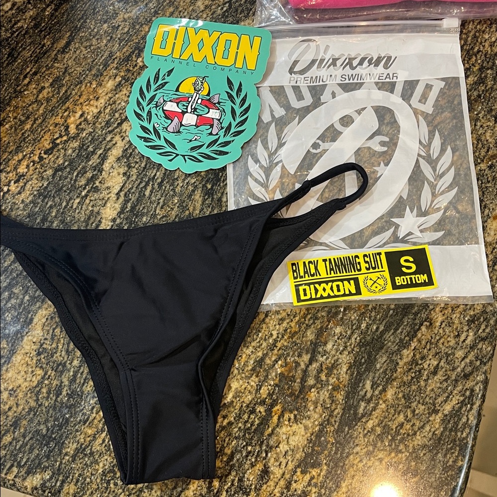 Dixxon Swim Womens S black spell out Tanning Swimsuit Bikini Bottoms, decals New